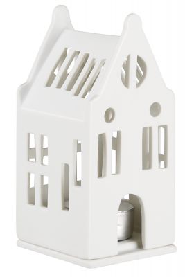 Weißes Mini Lichthaus Herrenhaus aus Keramik mit Teelicht für stimmungsvolle Beleuchtung und Dekoration.